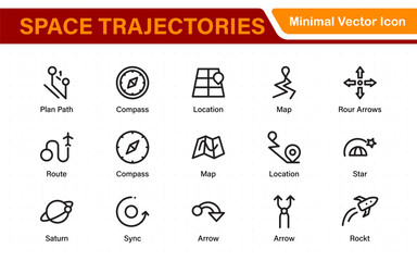 Space Navigation and Trajectories Icon Set – Minimal Line Art Vector Illustrations for Astronaut, Satellite, Rocket, Trajectory, and Space Mission Designs