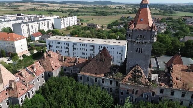 The drone view to the abandoned barracks in Hajmasker, Hungary