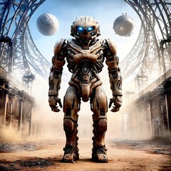 Naklejka premium Silent Destroyer: A Ghostly Robot in a Foggy Desolate War Zone. 