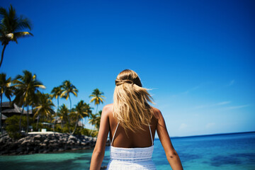 Tourist enjoying breathtaking tropical island view with palm trees and turquoise water