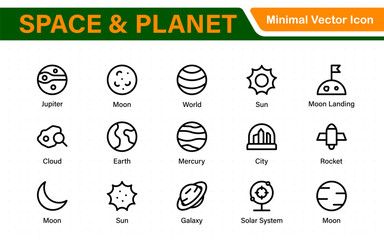 Modern Space and Planet Icons – Clean Outline, Line Art, and Vector Illustrations for Astronomy, Space Exploration, Planets, and Solar System Designs