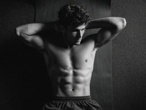 Man flexes muscles, demonstrates gym dedication.