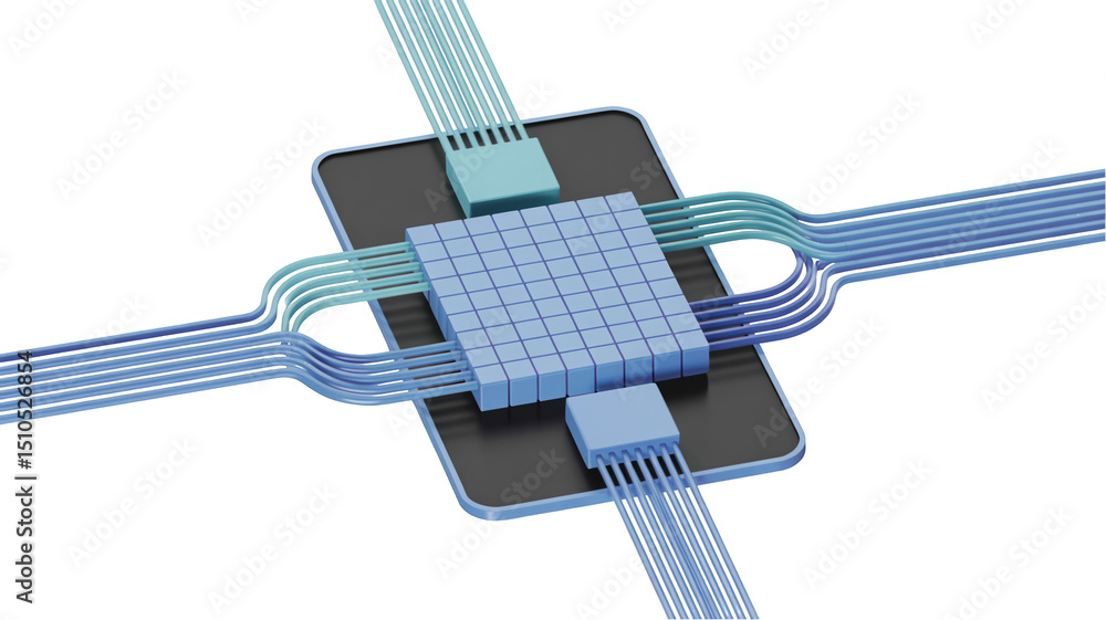 Poster blue cpu connecting to mobile device with data cables transferring information, on a transparent bac