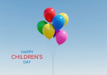 Group of Colorful 3D Rendered Helium Balloons Floating Gently Upwards Against a Clear Pale Blue Sky Simple Minimalist Childrens Day Scene