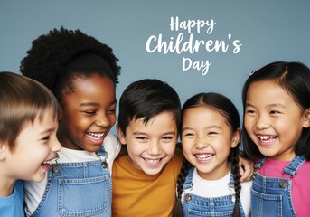 Happy Diverse Children Group Laughing Together on Plain Pastel Yellow Background International Childrens Day Celebration Joyful Unity