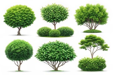Collection of Nine Lush Green Bushes and Shrubs Isolated on white background