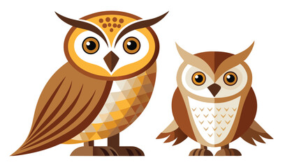 Obraz premium Two Geometric Owls Brown and Beige Illustration with Polygonal Patterns, Isolated on White