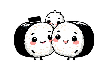 Obraz premium Illustration of Sushi Roll Family Characters with Nori Hat, Blush Accents, and Baby Peeking