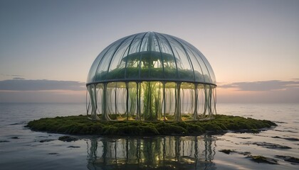 Futuristic Transparent Dome on Water at Sunset Reflection