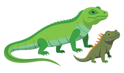 Fototapeta premium Cartoon Illustration Two Iguanas, One Large Green and One Smaller, Isolated on White