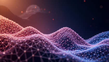 Abstract Digital Landscape with Glowing Network Connections and Nodes forming a Wavy Terrain