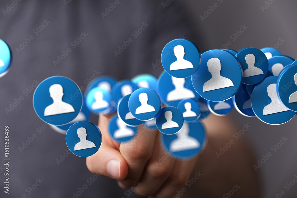 Poster image of a hand interacting with a network of social media profiles, representing connection and com