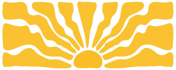 Groovy sun retro background. Wavy burst. Hand drawn 60s, 70s style. Summer abstract banner in flat Matisse look. Vector pop art for vintage vibe.