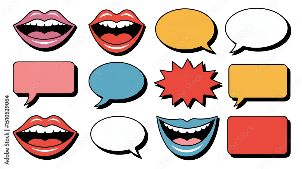 Aufkleber colorful open mouths with white teeth and various empty speech bubbles in round, oval, rectangular, 