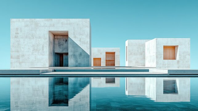 Modern minimalist concrete structures by a tranquil pool