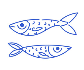 Two sardines with patterned scales and fins. Simple blue line art illustration on white background. Seafood and marine life concept