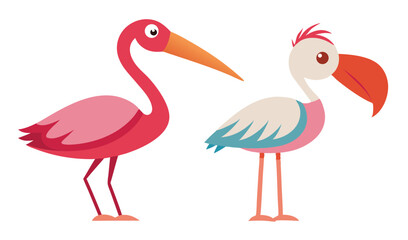 Cartoon Illustration Two Stylized Birds, One Pink and Red, The Other Cream and Blue