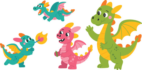 Cute colorful cartoon dragons in various playful poses with wings and fire breath, friendly fantasy characters for kids and storytelling flat vector illustration