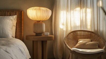 Clean and neat bedroom with a sunny window, wicker chair, and lamp for relaxation.