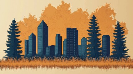 wildfire and architecture concept. Urban skyline silhouette with trees and vibrant orange backdrop.