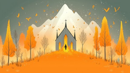 wildfire and architecture concept. A serene mountain scene with a church and autumn foliage.