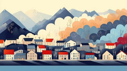 wildfire and architecture concept. Colorful village landscape with mountains and clouds in the background.