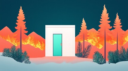wildfire and architecture concept. Surreal landscape with a cabin amidst vibrant, fiery foliage.
