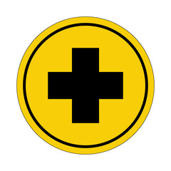 Circle yellow sticker. First aid. Hospital doctor sign logo. Circle yellow sign. Medical sticker.