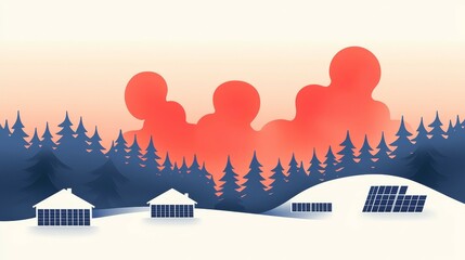wildfire and architecture concept. Serene winter landscape with snowy hills and colorful sunset sky.