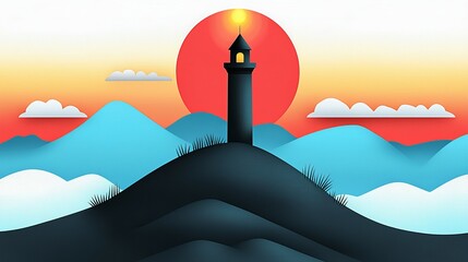 wildfire and architecture concept. Colorful landscape featuring a lighthouse against a sunset backdrop.