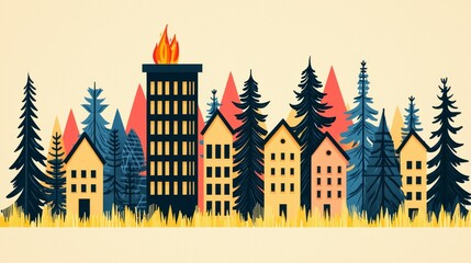 wildfire and architecture concept. Stylized cityscape with trees and a building on fire.