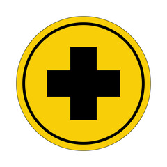 Circle yellow sticker. First aid. Hospital doctor sign logo. Circle yellow sign. Medical sticker.