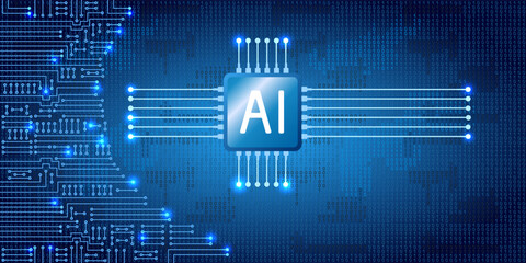Electronics circuit with binary code. Futuristic digital design, world of artificial intelligence and digital technology for banners, tech backgrounds and innovative branding.