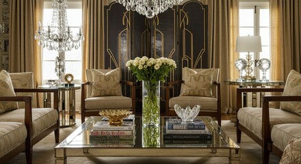 Luxurious interior living room design with crystal chandelier and elegant furniture arrangement