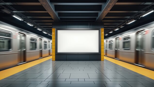 3D rendering of blank illuminated billboard in New York subway station with moving train passing platform. Urban underground transportation concept, advertising opportunity space, dynamic metro enviro