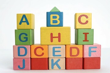 Colorful Alphabet Blocks Stacked in a Pyramid Shape on white background