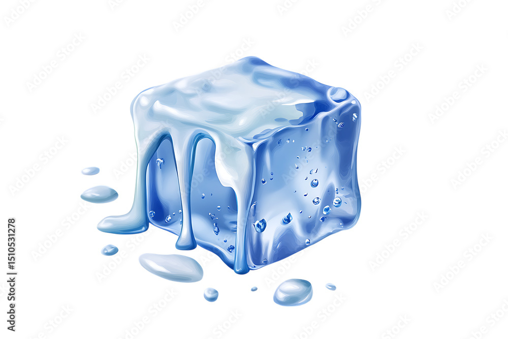 Poster melting ice cube with water droplets on transparent background