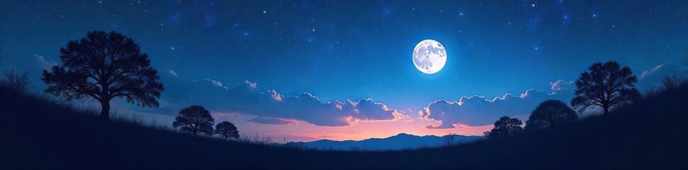 Fototapeta premium Silhouette of trees against a starlit sky, moonbeams illuminating the landscape, conveying a sense of peaceful contemplation and spiritual serenity during the night , darkness, galaxy