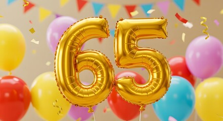 65th Birthday, Golden numeral balloons with cheerful background colors, ideal for digital birthday cards, celebration banners, or milestone event promotions.