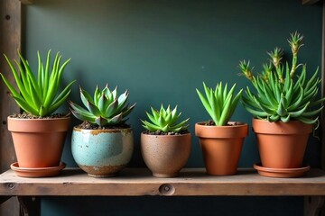 Fototapeta premium A thoughtfully curated arrangement of potted succulents and air plants, displayed on a rustic wooden shelf, embodies the concept of gifting life and sustainable living , botanical, sustainable