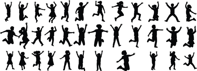Silhouettes of children jumping and playing, isolated on a pure white background, each figure separated with clear spacing