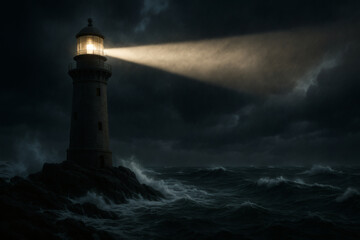 Lighthouse guiding through stormy sea at night – safety, navigation and hope in dark weather concept