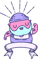 scroll banner with tattoo style bearded man flexing bicep