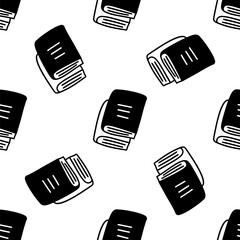 Seamless pattern with books are stacked one on top of the other. World Book Day. Vector black and white illustration. Reading, studying, science. Doodle style hand drawn print. White background