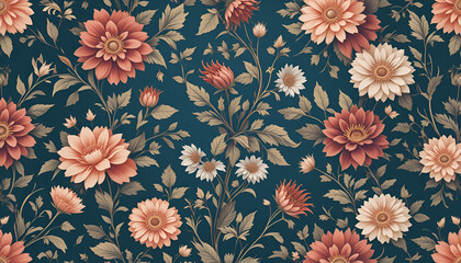 Elegant Teal Floral Pattern featuring Dahlias Gerbera Daisies Botanical Design for Fabrics and Wallpaper