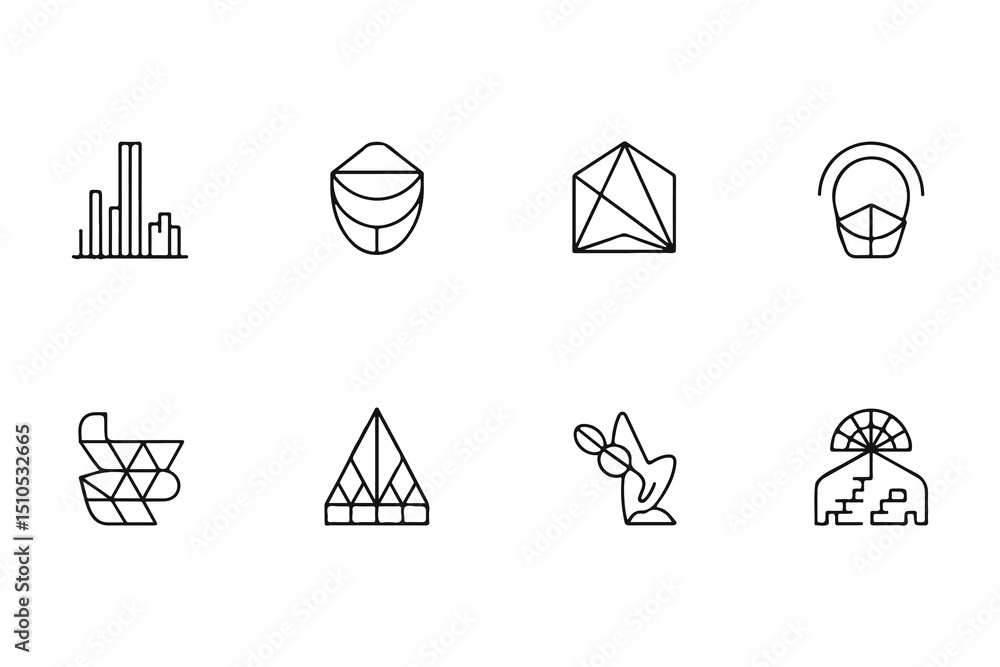 Poster collection of minimalist linear shapes form different abstract and geometric emblems on a transparen