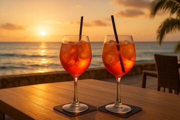 Two refreshing Aperol Spritz cocktails with ice and straws on a table, overlooking a vibrant sunset over the ocean