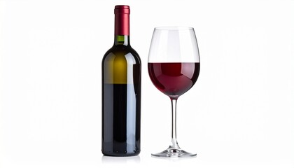 Side view of a red wine glass and wine bottle on an isolated white background. Ideal for wine tasting, elegant dining, celebrations, bar menus, and upscale beverage or lifestyle concepts.