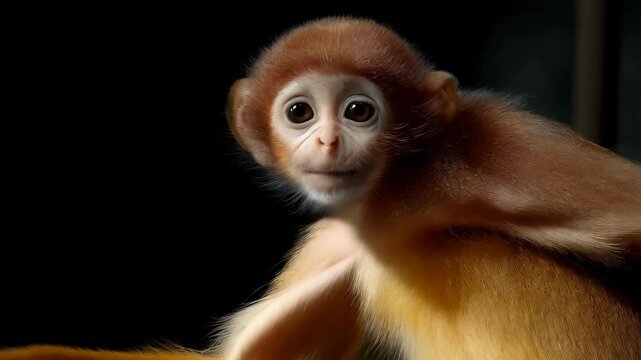 Captivating close-up of a young monkey with soft, reddish-brown fur and endearing, wide eyes set against a solid black backdrop.