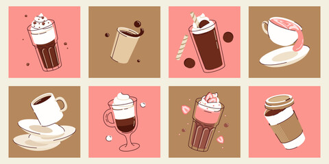 Set of coffee cup cute posters, banners, different tipes of drinks